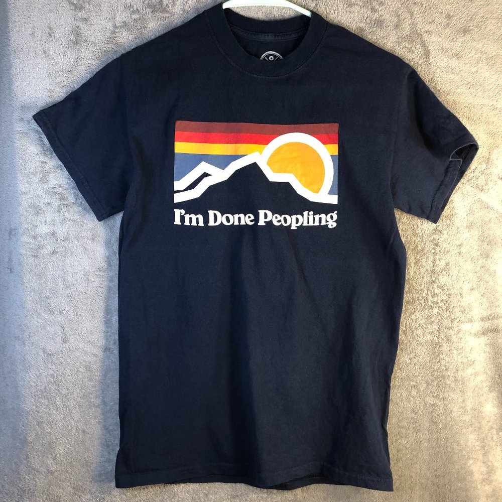 DOM Men's Small Shirt I'm Done Peopling Navy Graphic Mountain Sunset Retro Vibes